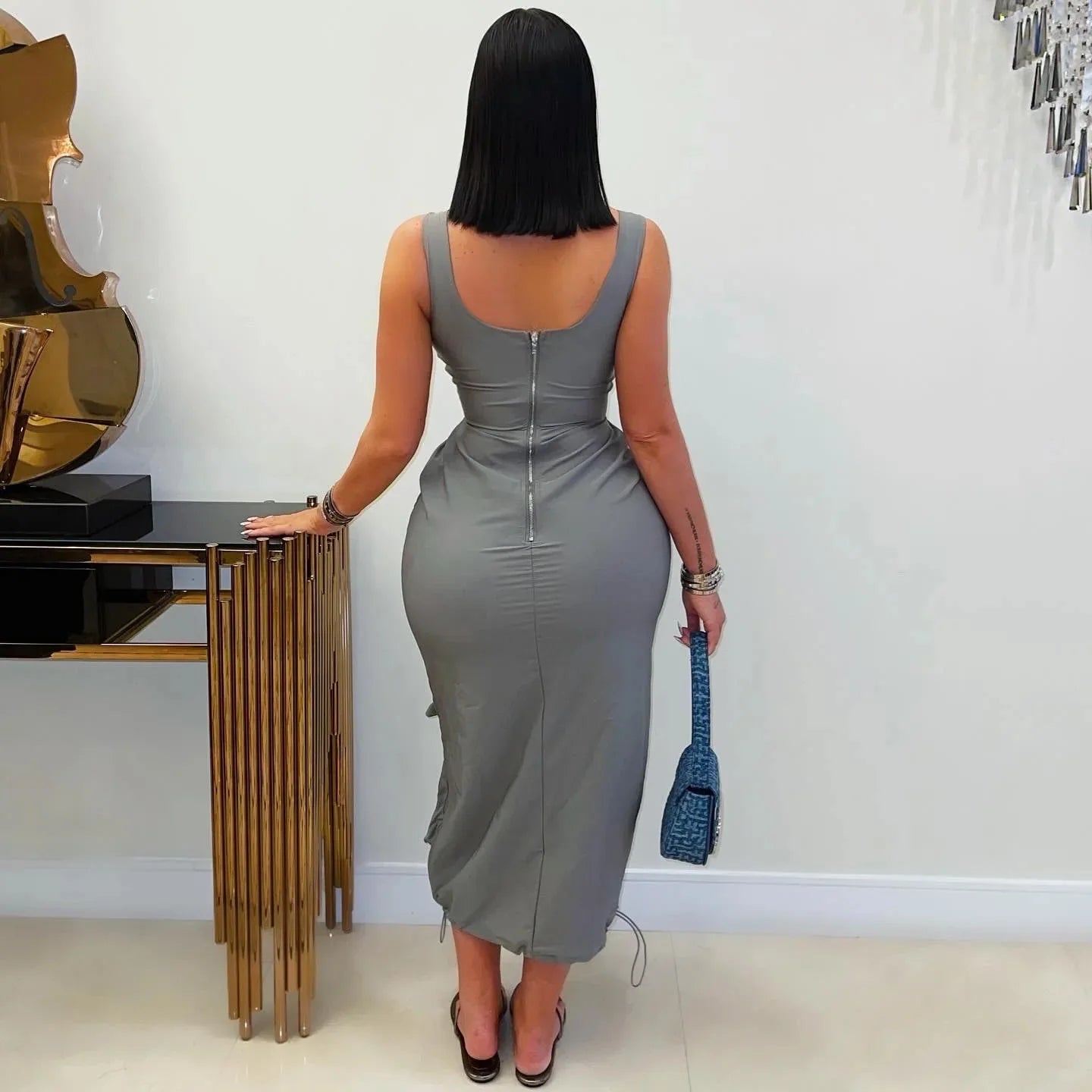 FAGADOER Elegant Cargo Pockets Patchwork Bodycon Long Dress for Woman Spaghetti Strap Backless Zip Dresses Casual Vestidos New