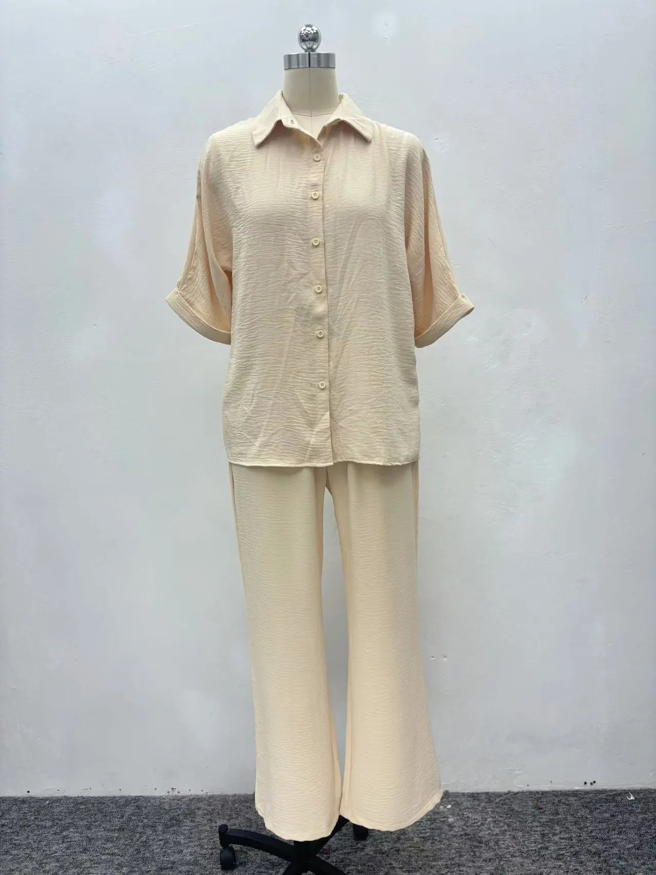 Pant Set Women Two Piece Sets Turn Down Collar Matching Sets Shirt Tops Casual Loose Wide Leg Long Pants Elastic Waist 2025