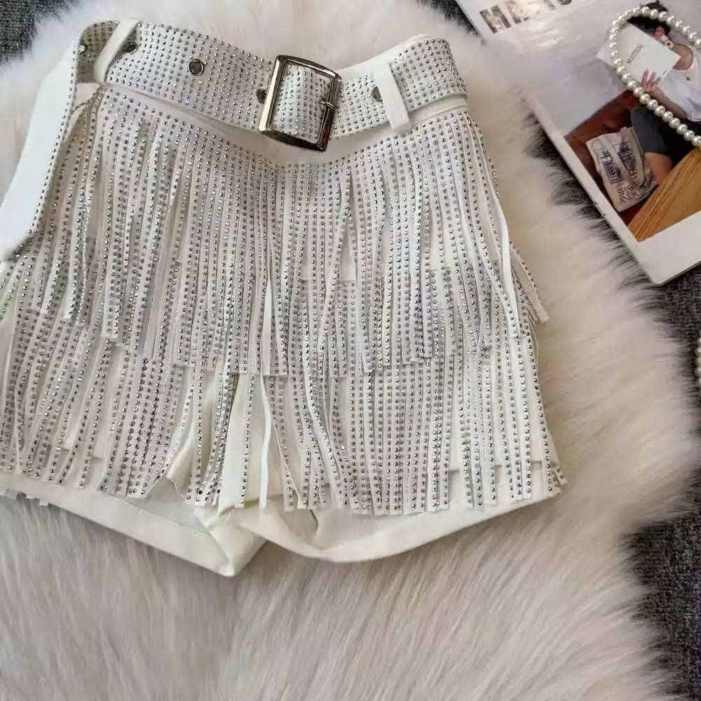 XFPV American Style Women's Shorts Summer Belt Gathered Waist Zipper Spliced Beading Tassel Shorts Female New Fashion 22D1803