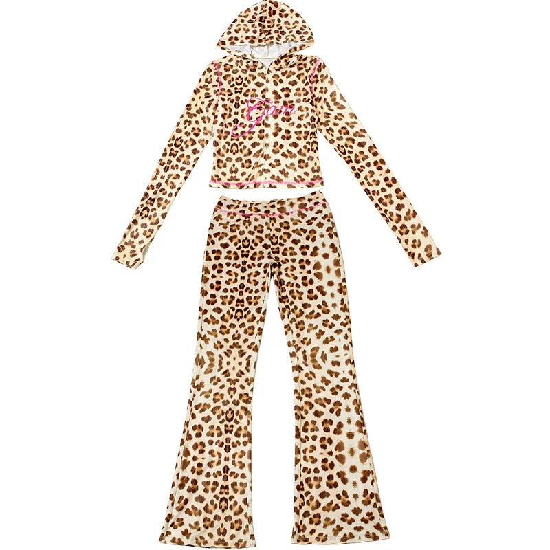 FAGADOER Sexy Leopard Print 2 Piece Sets Women Outfit Long Sleeve Zipper Hooded Crop Jacket + Flare Pants Suits Female Clothing