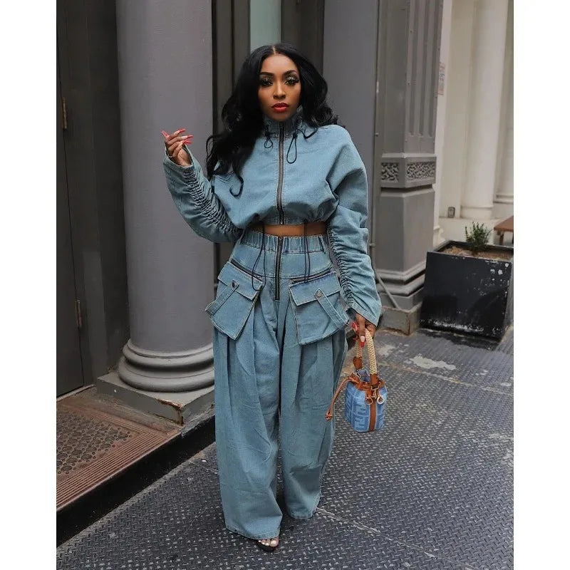 Casual Loose Denim Two Piece Set for Women Streetwear 2023 Autumn Zipper High Collar Crop Top Elastic Waist Wide Leg Cargo Pants