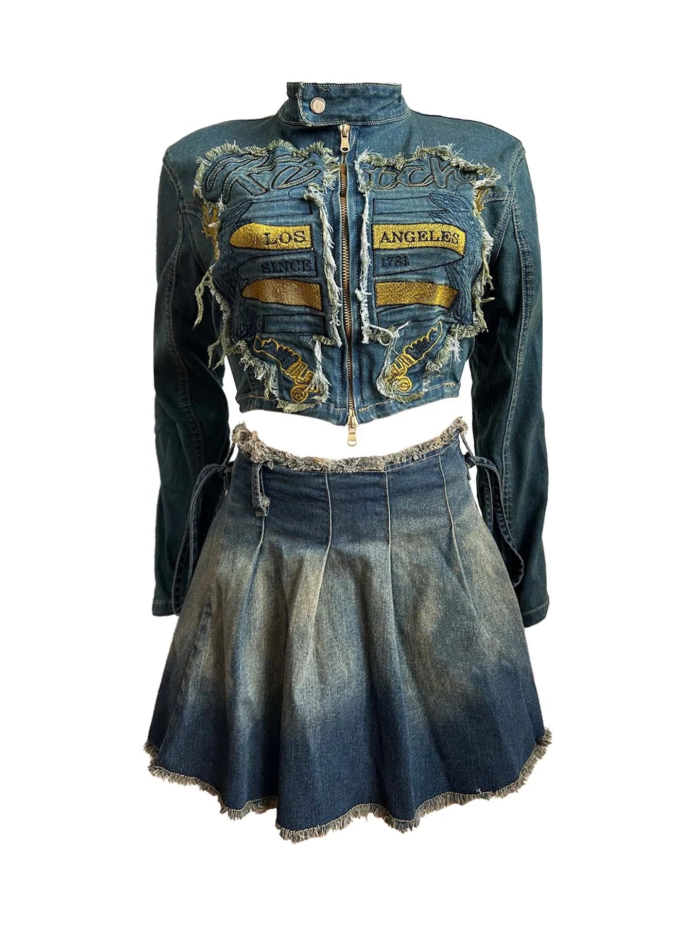 CM.YAYA Denim Women's Set Letter Embroidery Full Sleeve Jacket and Pleated Skirts Suits Streetwear Sexy Two 2 Piece Set Outfits
