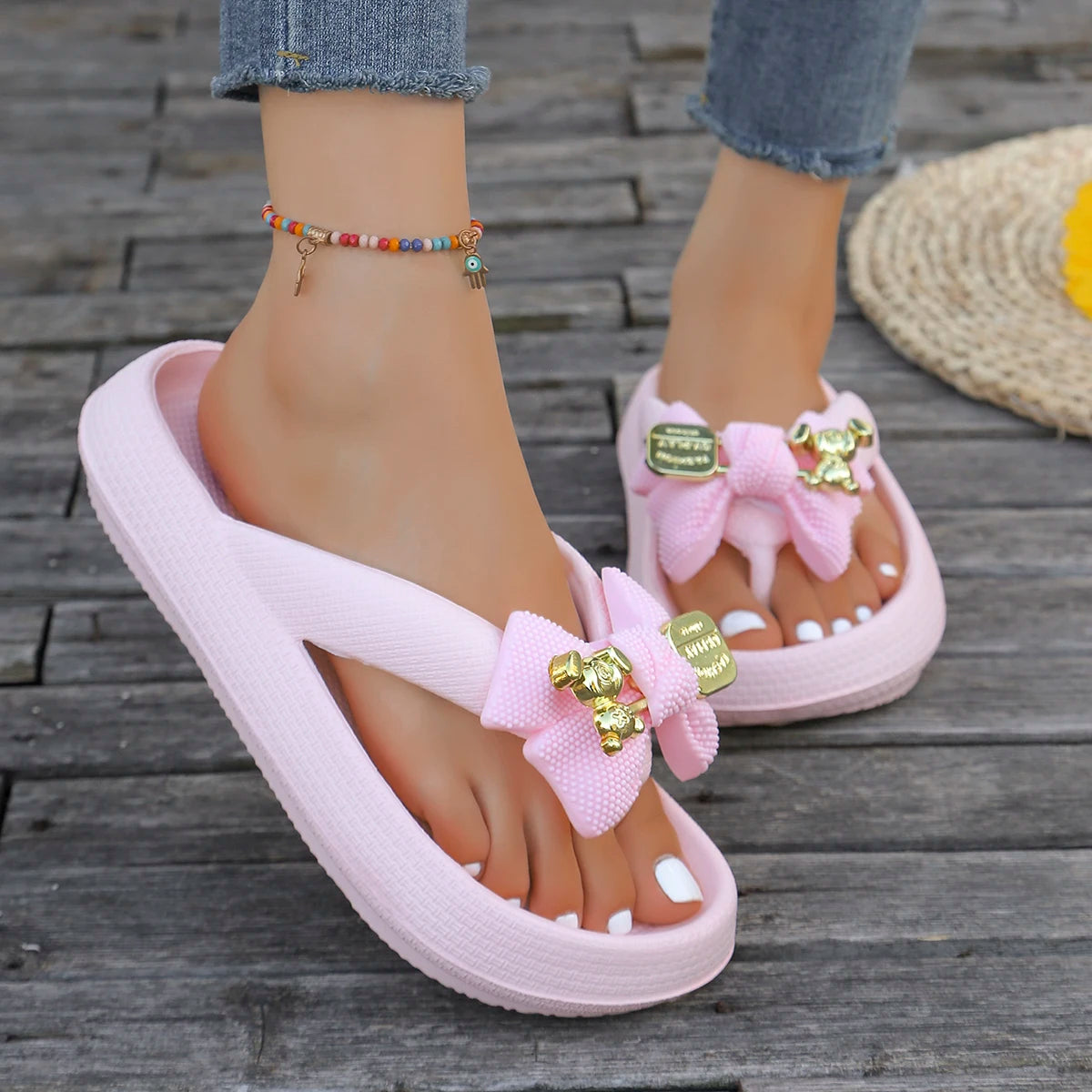 Summer Women Multi-Color Flip Flops Fashion Metallic Teddy Bear Bow Slide Sandal Beach Vacation Home shower Versatile Footwear