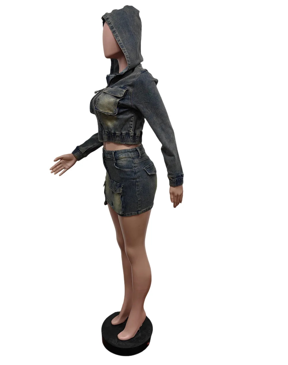 FAGADOER Y2k Retro Denim Two Piece Set Hot Girl Cargo Pockets Patchwork Zip Jacket and Stretchy Mini Skirts Suits Streetwear New