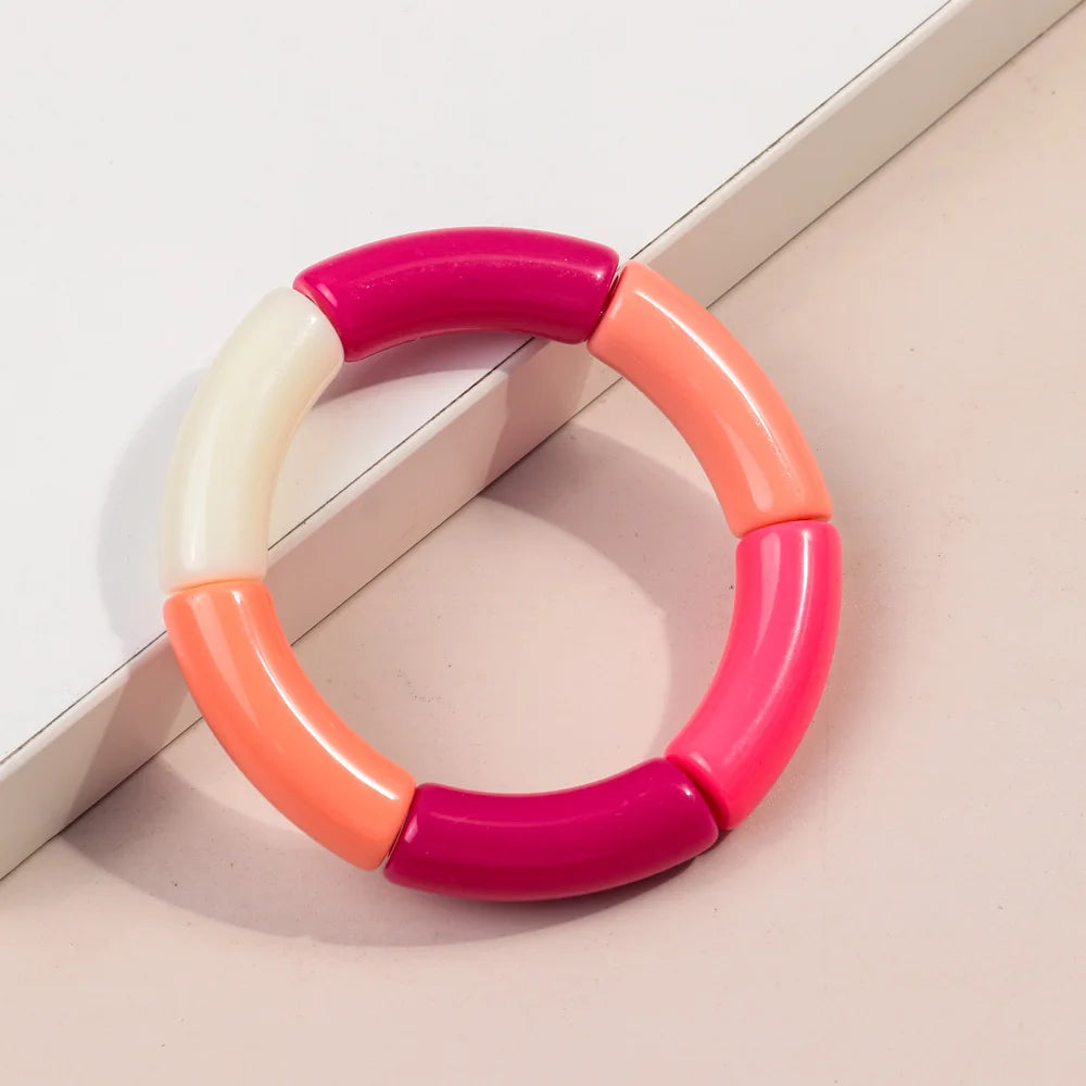 FishSheep Trendy Acrylic Stacked Bamboo Beads Bangles Bracelets for Women Bohemian Resin Elastic Beaded Bracelets Set Jewelry