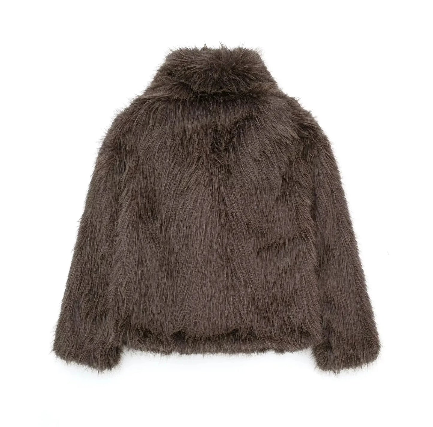 TRAFZA Female Vintage Artificial Fur Effect Coats Lapel Warm Plush Long Sleeves Hidden Buttons Autumn Winter Casual Outerwear