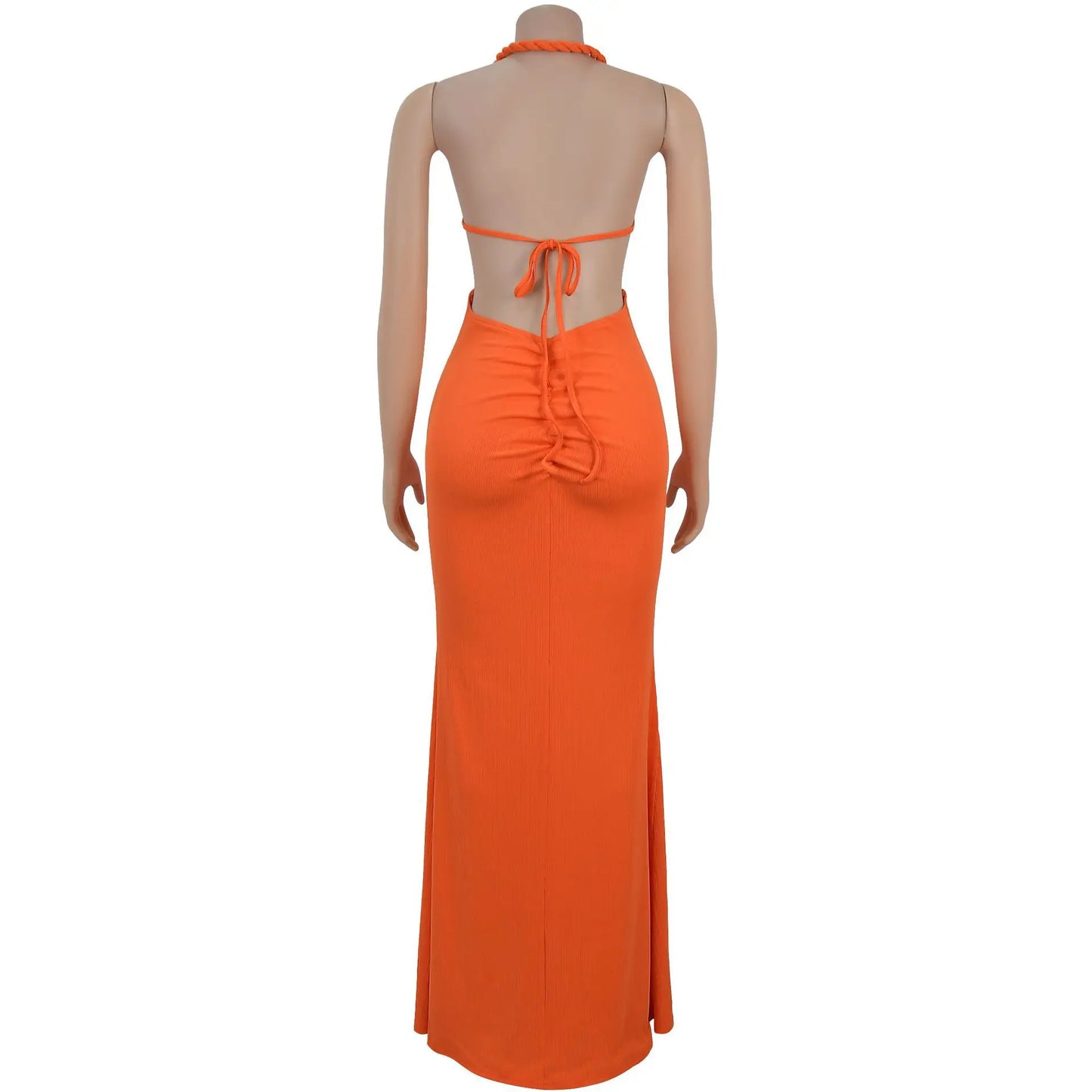 CM.YAYA Women Hemp Rope Halter Neck Stacked Ruched High Split Knit Bodycon Midi Maxi Long Dress 2025 Birthday Sexy Party Dresses