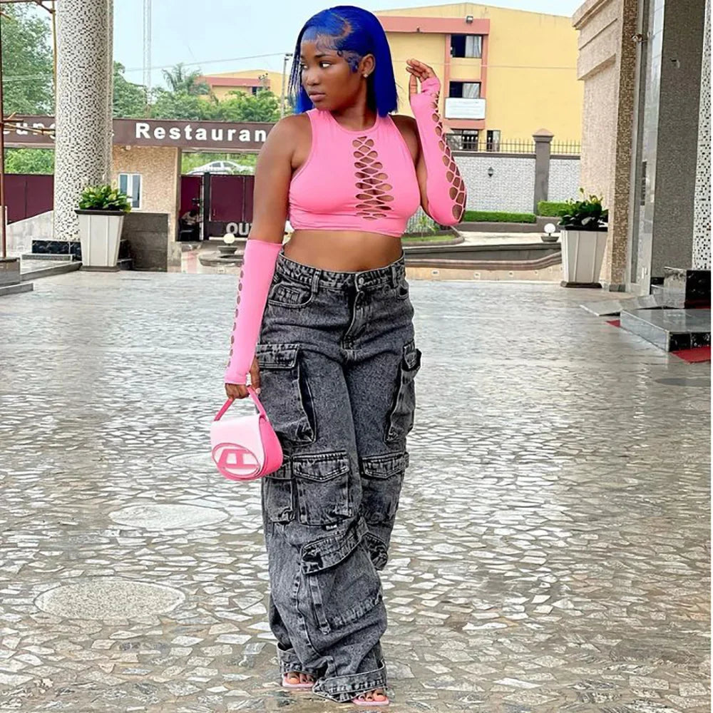 Solid Casual Baggy Cargo Pants for Women Youthful Female Trousers Multi-pocket Fashion Vintage Women's High Waist Wide Pants
