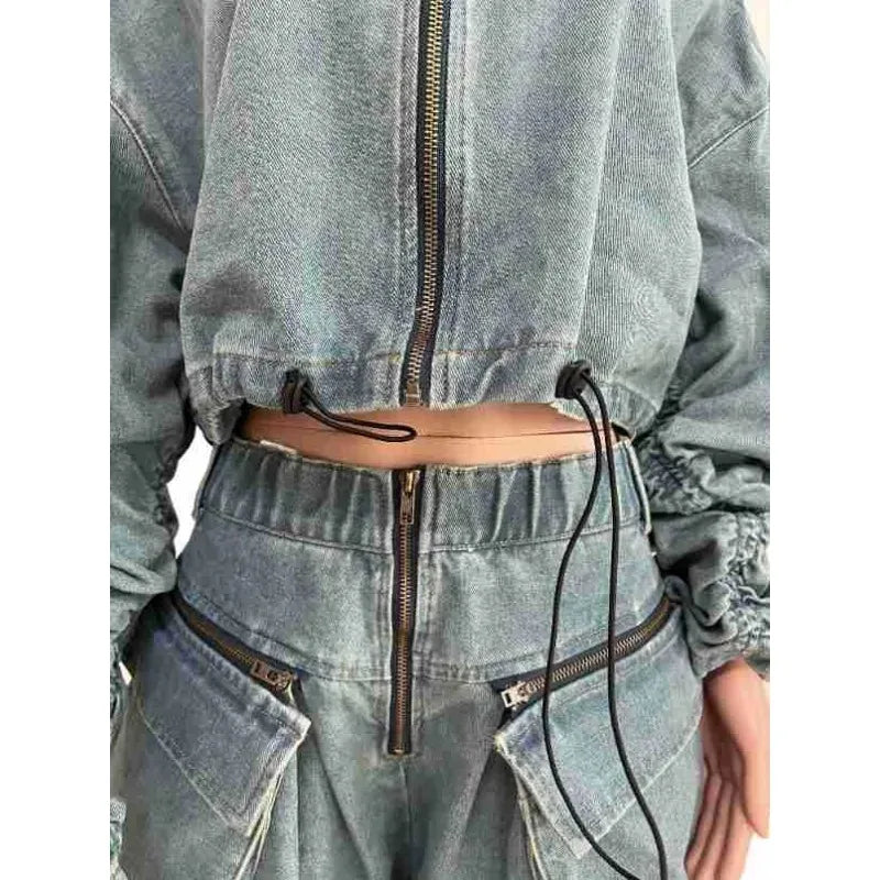 Casual Loose Denim Two Piece Set for Women Streetwear 2023 Autumn Zipper High Collar Crop Top Elastic Waist Wide Leg Cargo Pants