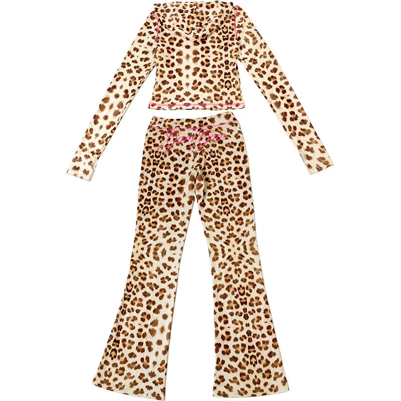 FAGADOER Sexy Leopard Print 2 Piece Sets Women Outfit Long Sleeve Zipper Hooded Crop Jacket + Flare Pants Suits Female Clothing
