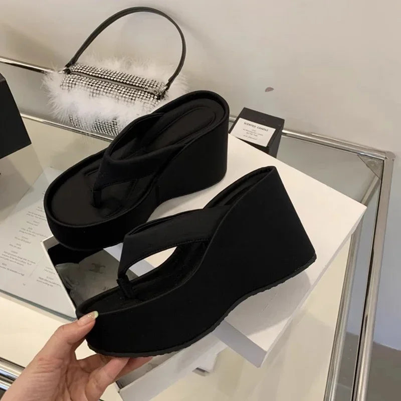 Design Summer Chunky Woman Slippers Fashion Platform Wedges High Heel Silvery Ladies Shoes Zapatillas De Mujer