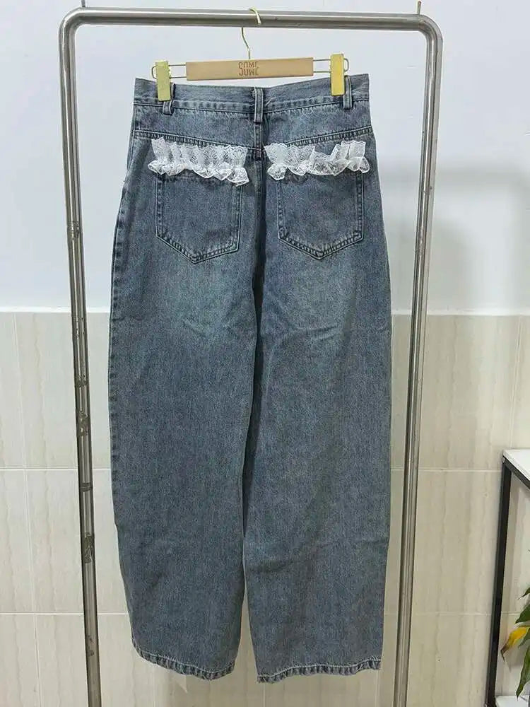 DEAT Women's Fashion Retro Lace Patchwork Denim Long Pants High Waist Wide Leg Jeans Female 2024 Arrival Winter New 11A02128