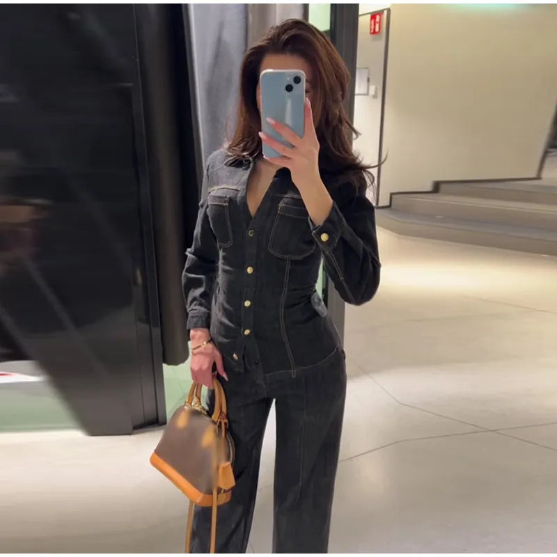 Street Vintage Denim Pants Sets Women Slim Long Sleeve Lapel Single Breasted Jacket Straight Trousers 2025 Spring Lady Outfits