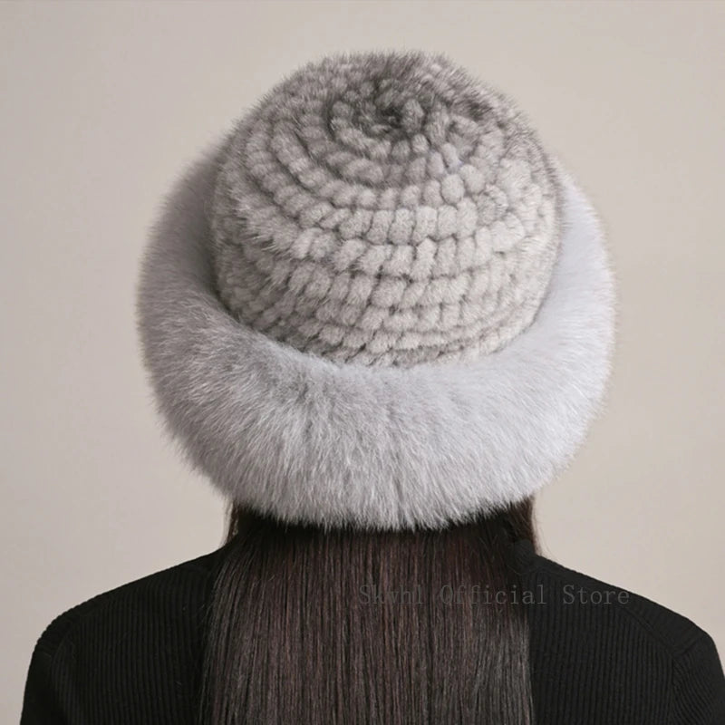 New Genuine Real Natural Knitted Mink Fur Hat Cap Luxury Women Handmade Knit Fashion Winter Headwear Warm Real Fox Fur Beanies