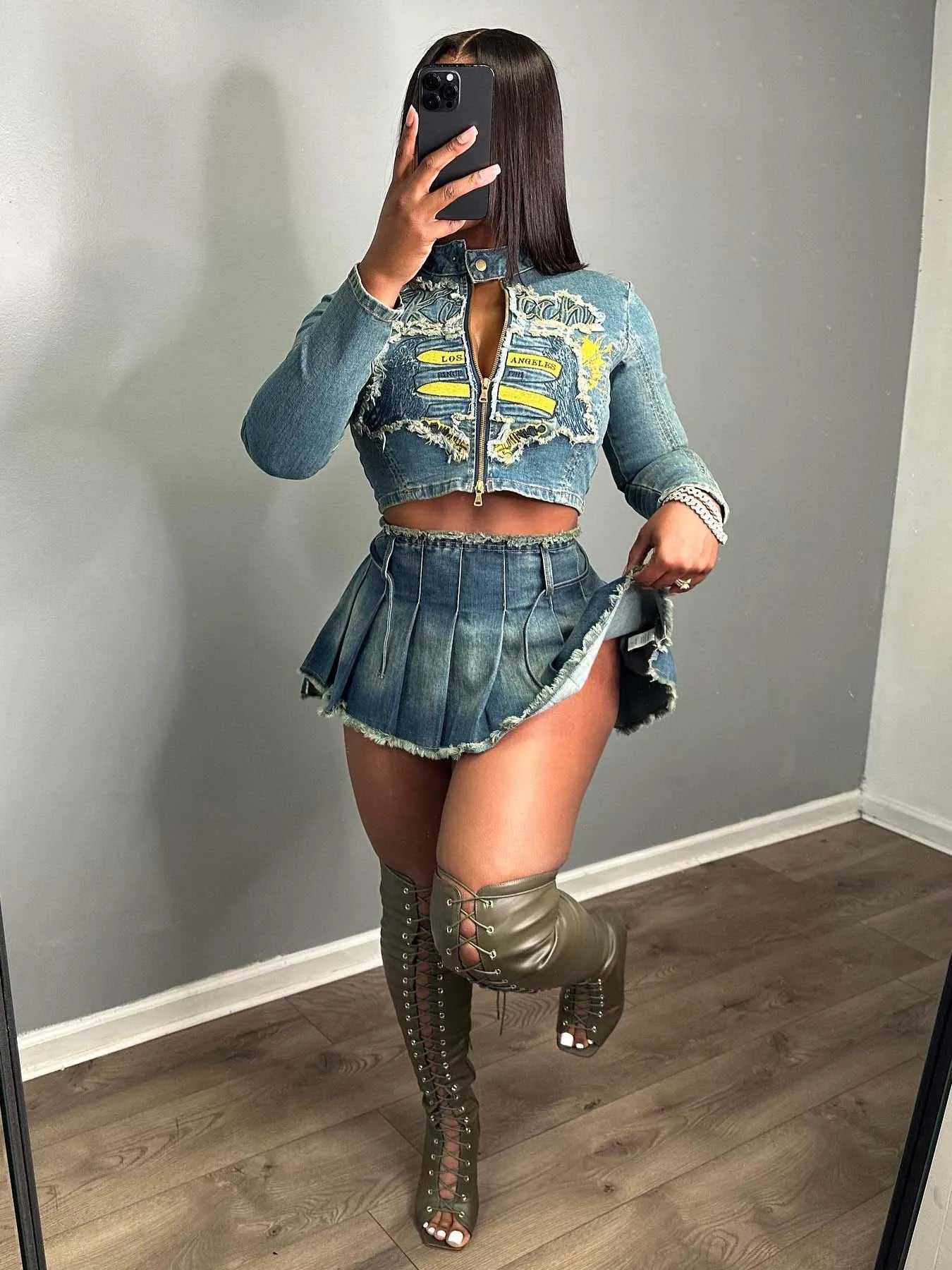 CM.YAYA Denim Women's Set Letter Embroidery Full Sleeve Jacket and Pleated Skirts Suits Streetwear Sexy Two 2 Piece Set Outfits