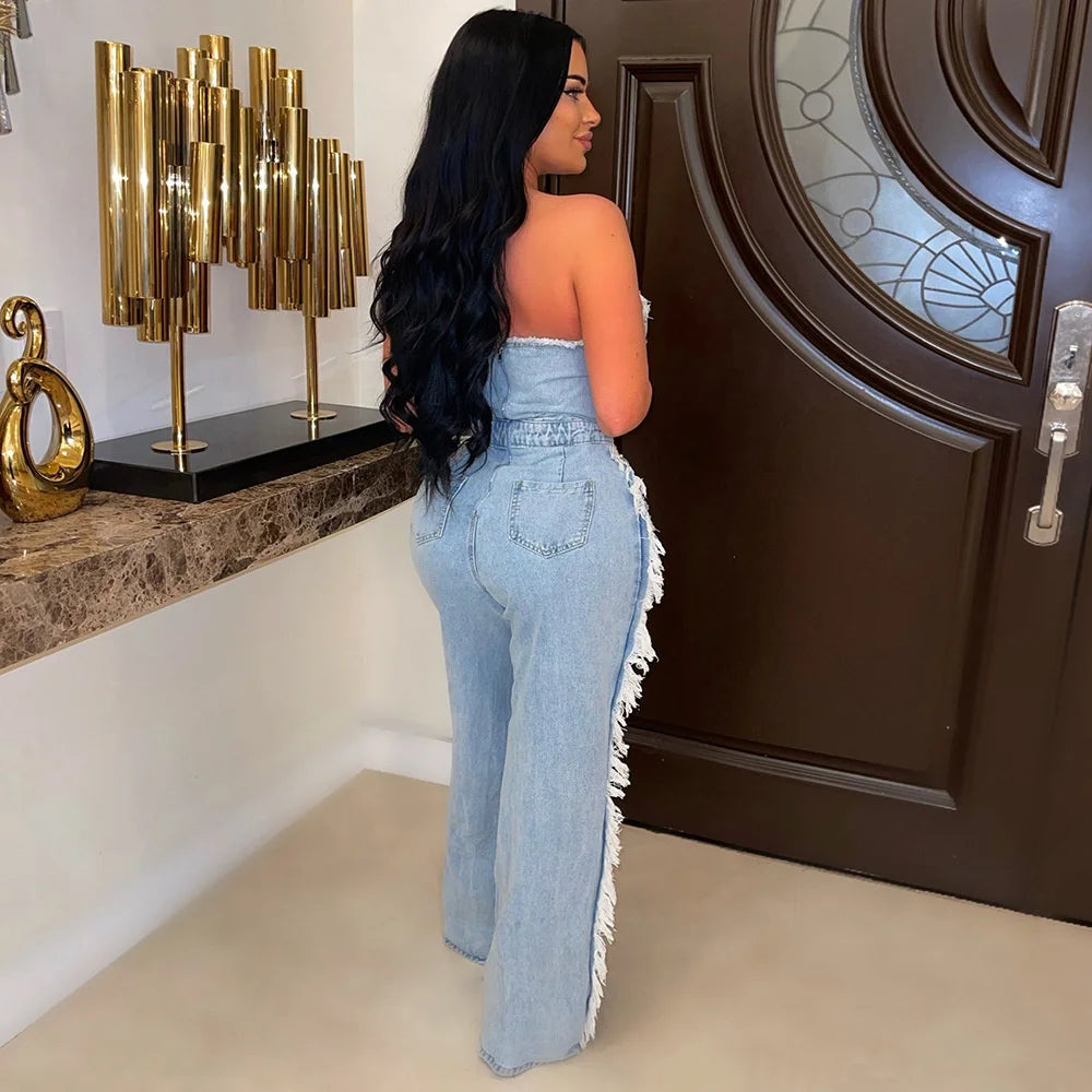 Sibybo Tassel Hollow Out Overalls For Women Studded Diamond Strapless Backless Jeans Street Fashion Trend Jumpsuite Femme