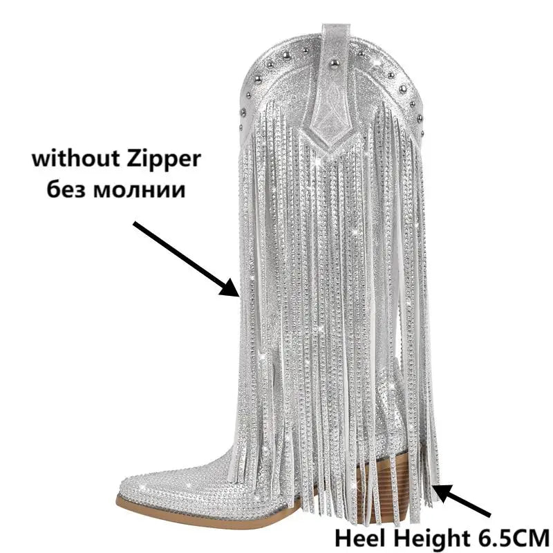 Onlymaker Women Sliver Rhinestone Fringe Knee High Western Boots Big Size Block Heel Pull-On Cowgirl Boots