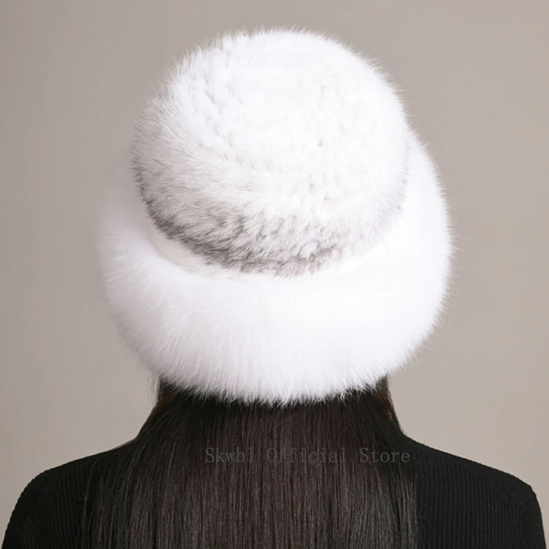 New Genuine Real Natural Knitted Mink Fur Hat Cap Luxury Women Handmade Knit Fashion Winter Headwear Warm Real Fox Fur Beanies