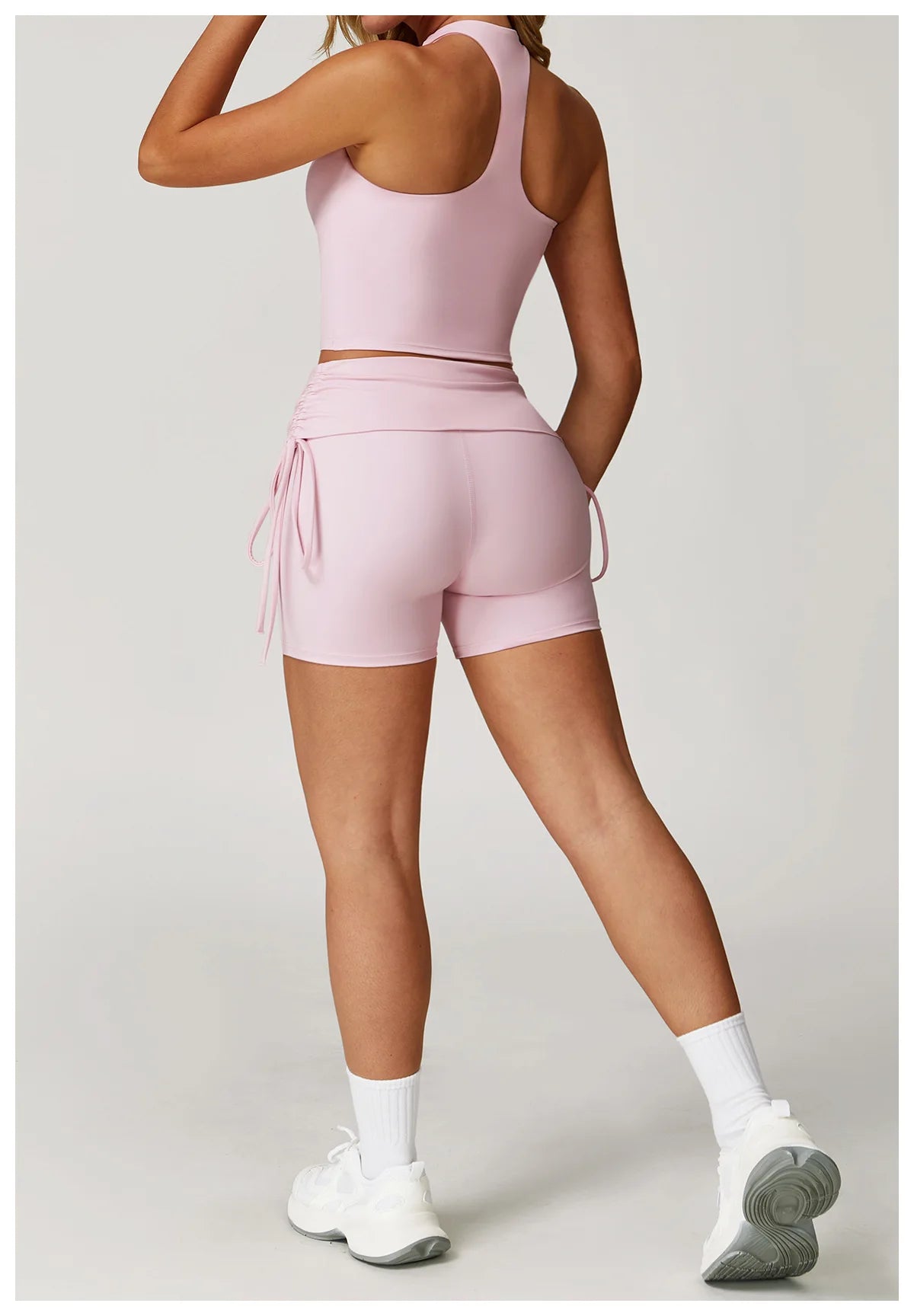 Custom LOGO nude yoga I-shaped beautiful back folded high waist shorts fitness clothes sports running two-piece set