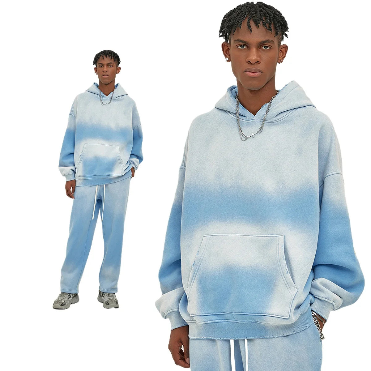 Custom LOGO 2025 autumn winter new 360G heavy sweater men's women's spray-dyeing old thickened hooded trendy sweater trousers clothes set