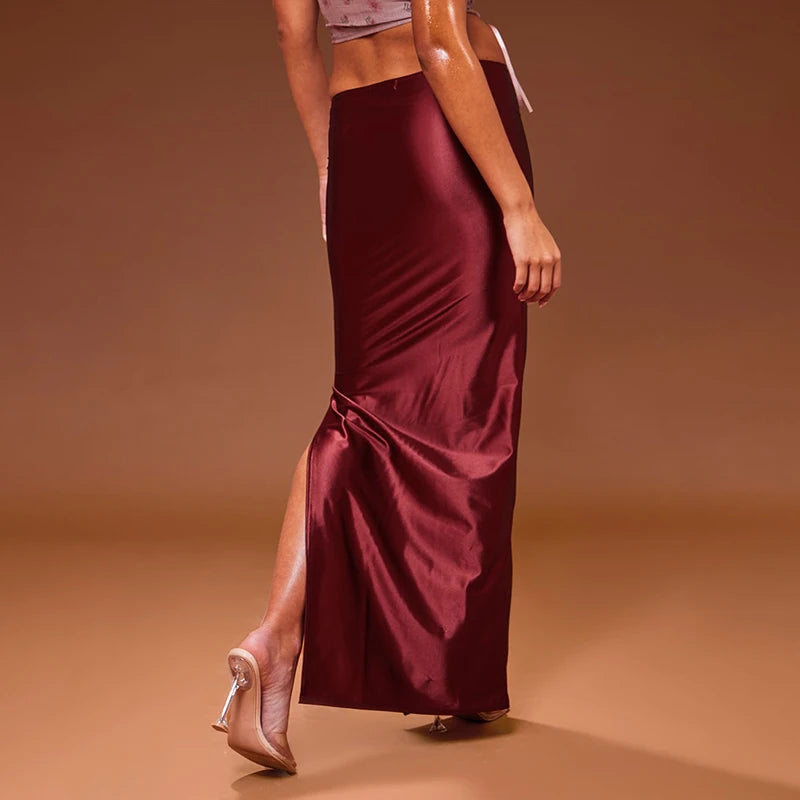 CUTENOVA Stain Long Solid Color Skirt Elegant High Waist Side Split Maxi Skirts Party Sexy Clothes for Women Autumn 2024