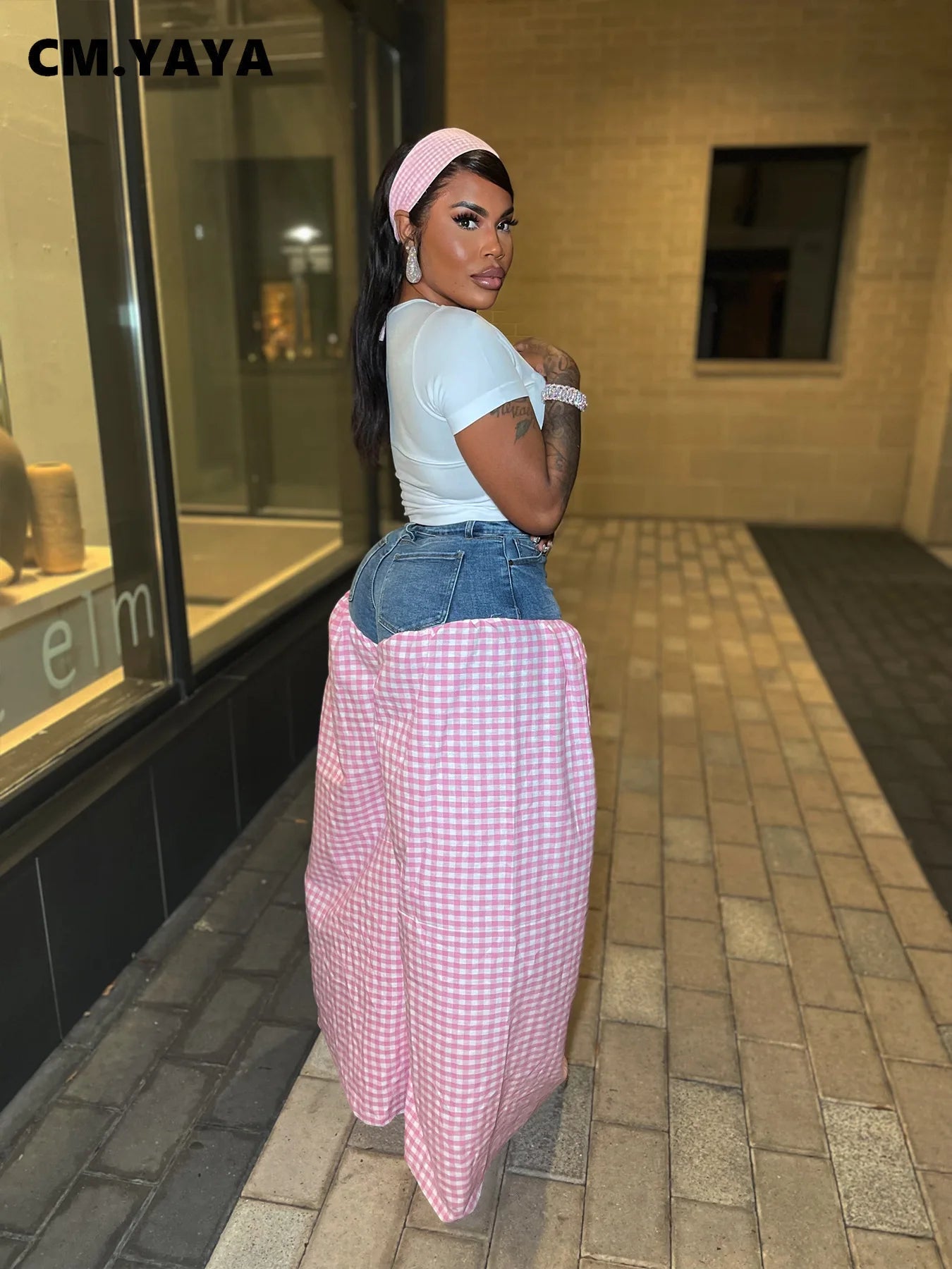 CM.YAYA Fashion Women Plaid Denim Patchwork Loose Wide Leg Jogger Pants 2025 Streetwear Active Hip Hop Sweatpants Trousers