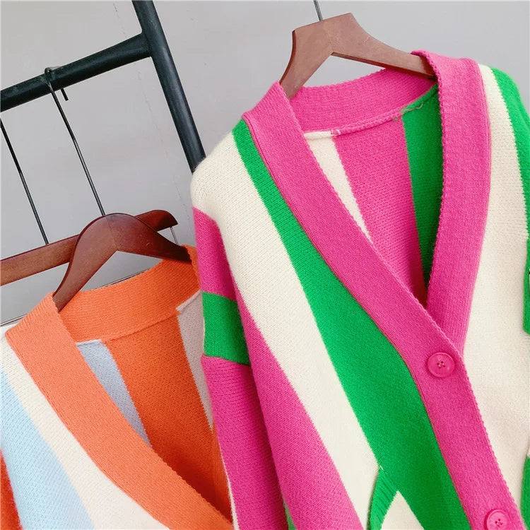 Joskaa Striped Patchwork Knitted Cardigan Women V-Neck Long Sleeve Single Breasted Sweater Coat Autumn 2023 Outwear Streetwear