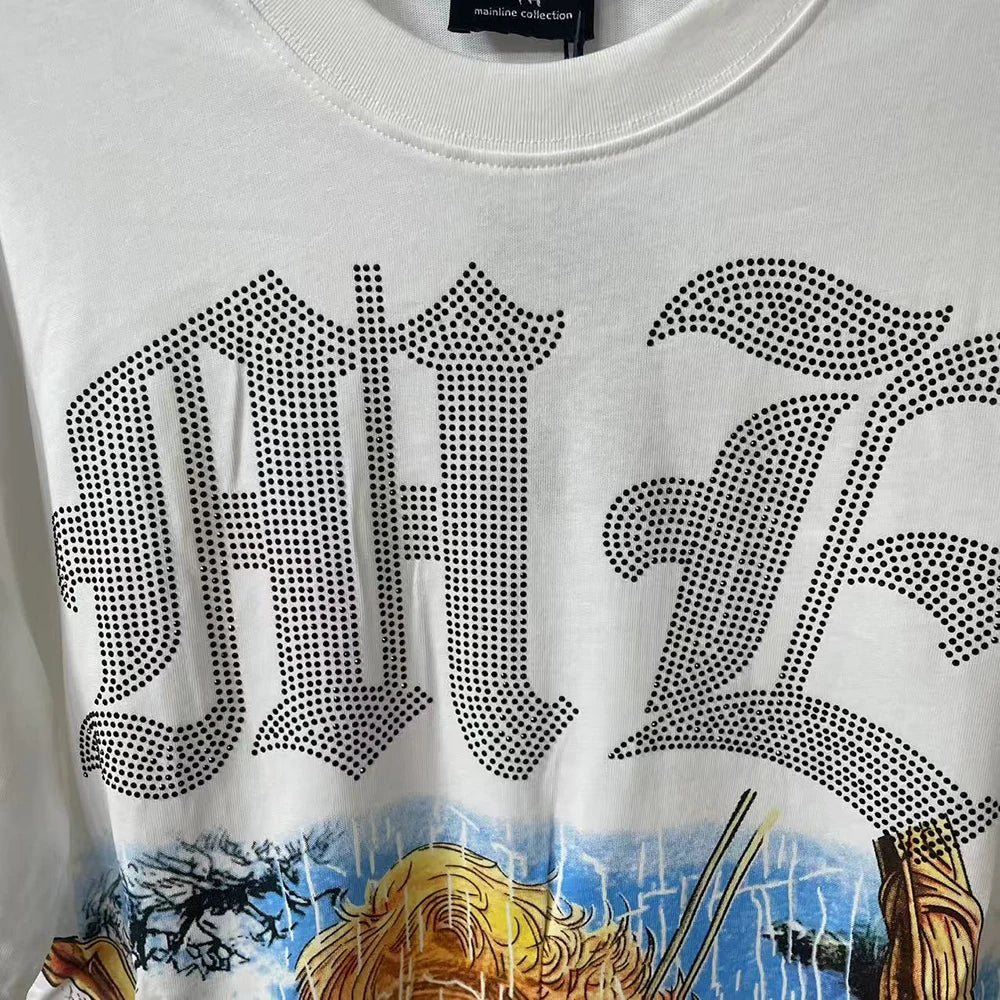 New Summer Letter Rhinestone Short Sleeve Black Mens Tshirts Streetwear Cotton Loose Round Neck Top Tees Oversized Unisex Tshirt