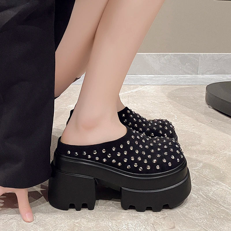 10CM New Rivet Platform Women Slippers Fashion Chunky High Heeled Sandals Comfort Roma Style Round Toe Slide Mule Shoes Summer
