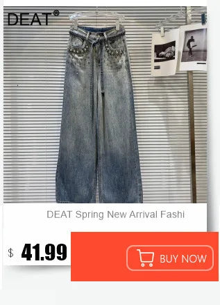 DEAT Fashion Women's 3D Chain Printed Contrast Color Jeans Niche Design High Waist Casual Denim Pants Female Trendy 11A04071