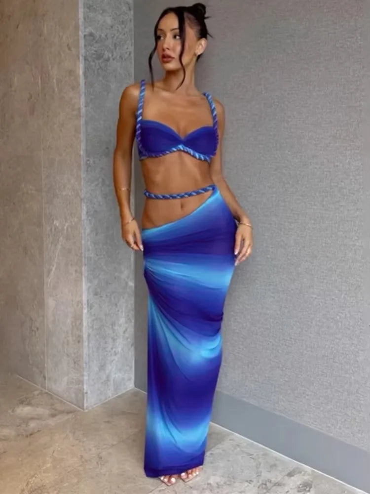 Weird Puss Bandage Ruched 2 Piece Set Women Square Collar Bra+Skinny Long Skirts 2025 Summer Vacation Beach Party Trend Suits