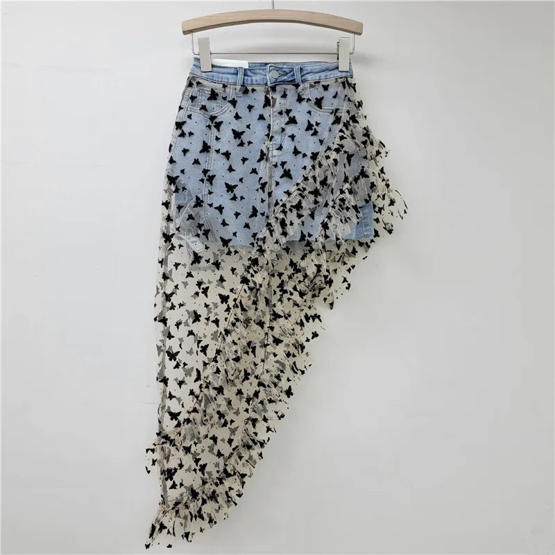 American Fashion Irregular Mesh Embroidery Butterfly Skirt Splicing Denim Elastic A Line Short Skirt Women Clothing 2025 New