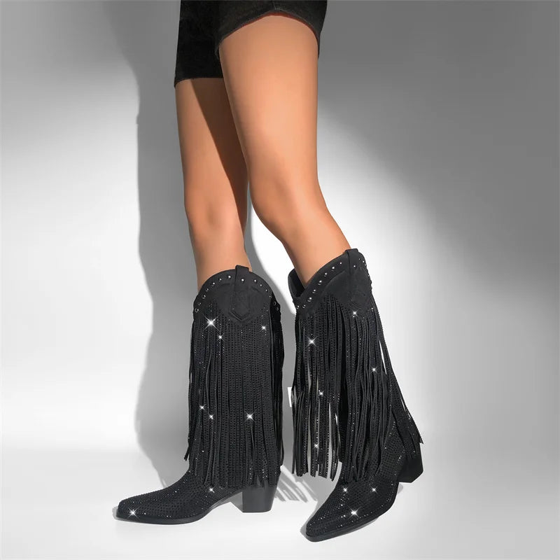 Onlymaker Women Sliver Rhinestone Fringe Knee High Western Boots Big Size Block Heel Pull-On Cowgirl Boots