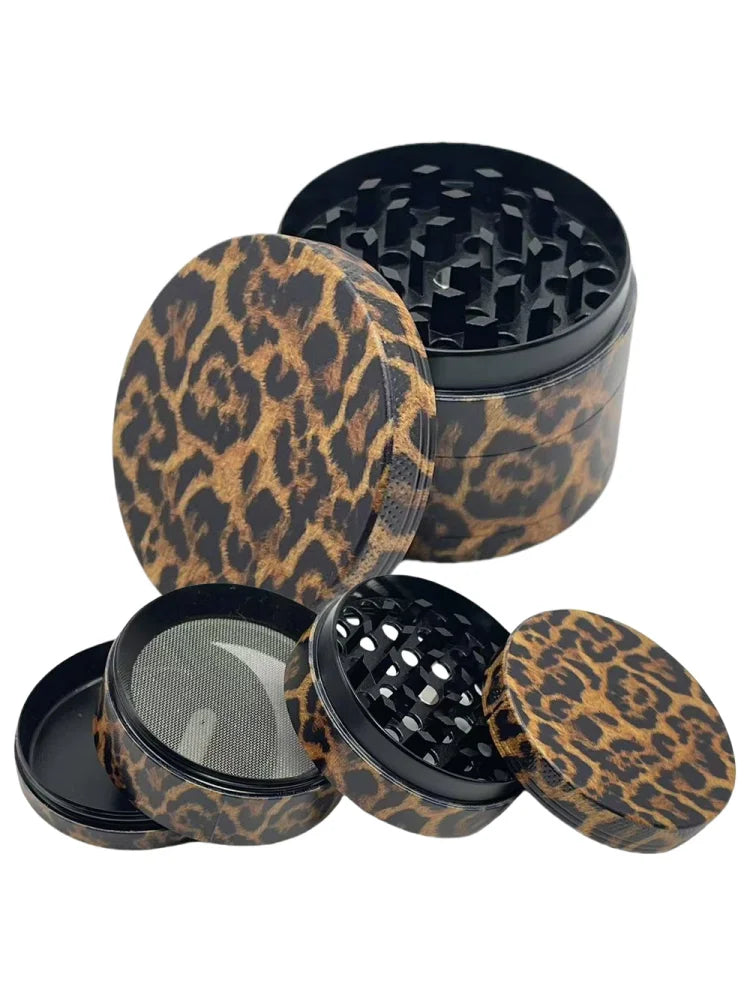 40/50mm Leopard Print Herb Grinder 4-layer Pepper Mill Salt Spice Mortar Metal Tobacco Grass Raw Grinder Smoking Kitchen Tool