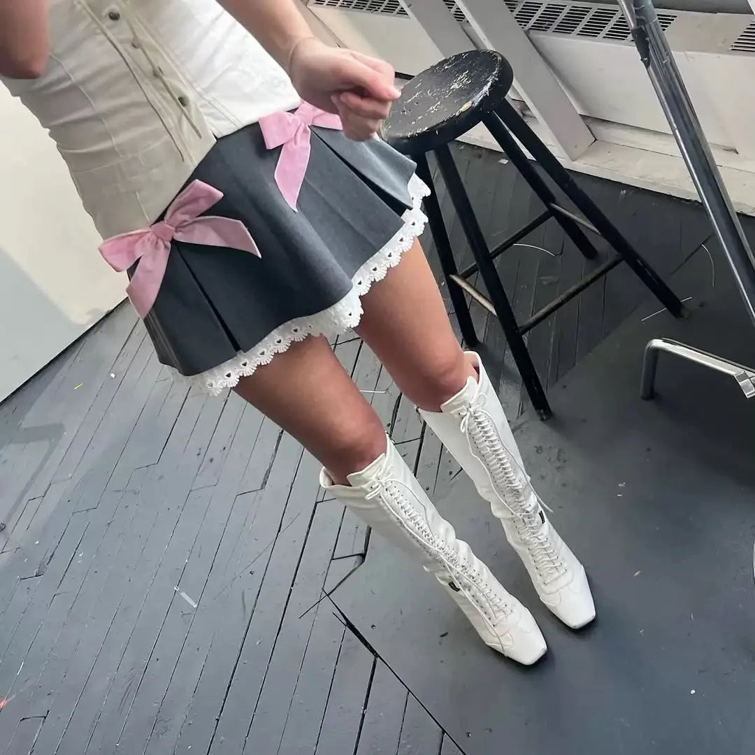 Cross Tied Patchwork Fashion Boots Pointed Toe Thin Heels Lace Up Black and White Spicy Girl Knee High Boots 2025 Street Style