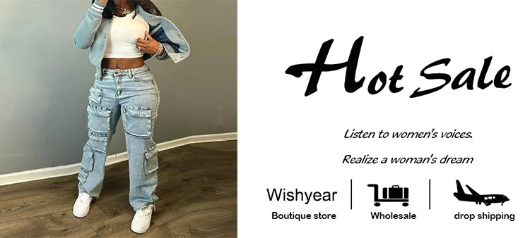 Sweatpants Multi Pockets Stretch Denim Cargo Pants Women Button Fly High Waist Loose Straight Baggy Jeans Trousers Streetwear