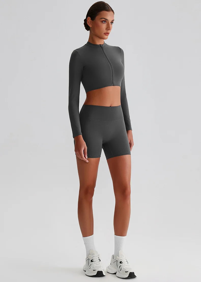 Customized LOGO Women's Skin-friendly Sports Yoga Clothing Slim Elastic Jacket Fitness Shorts Long Sleeve Two-piece Set