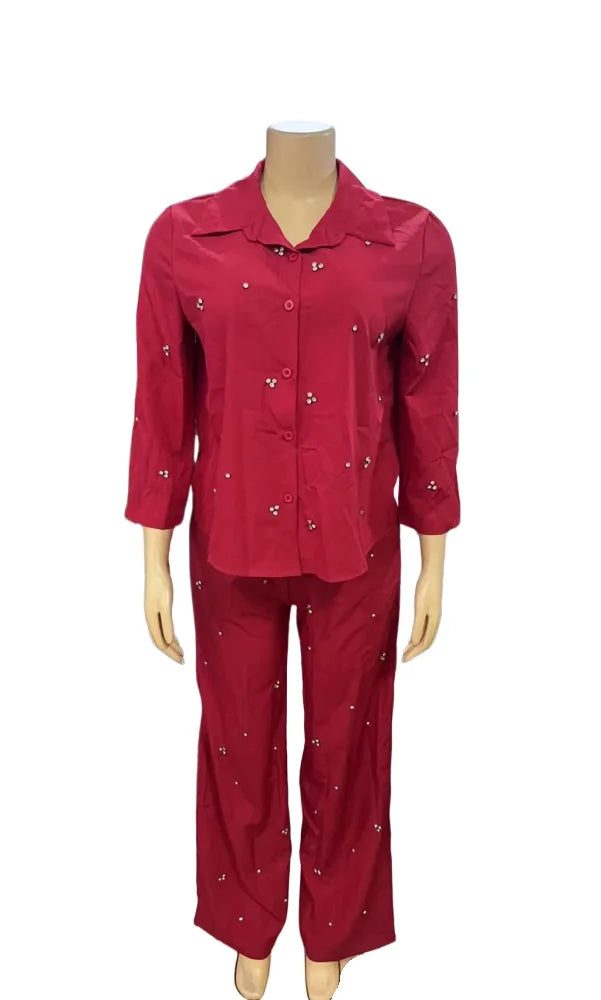 Women Sets Single Breasted Blouses Turn Down Collar Tops Two Pieces Diamonds Ankle Length Straight Pant Pockets Casual Loose