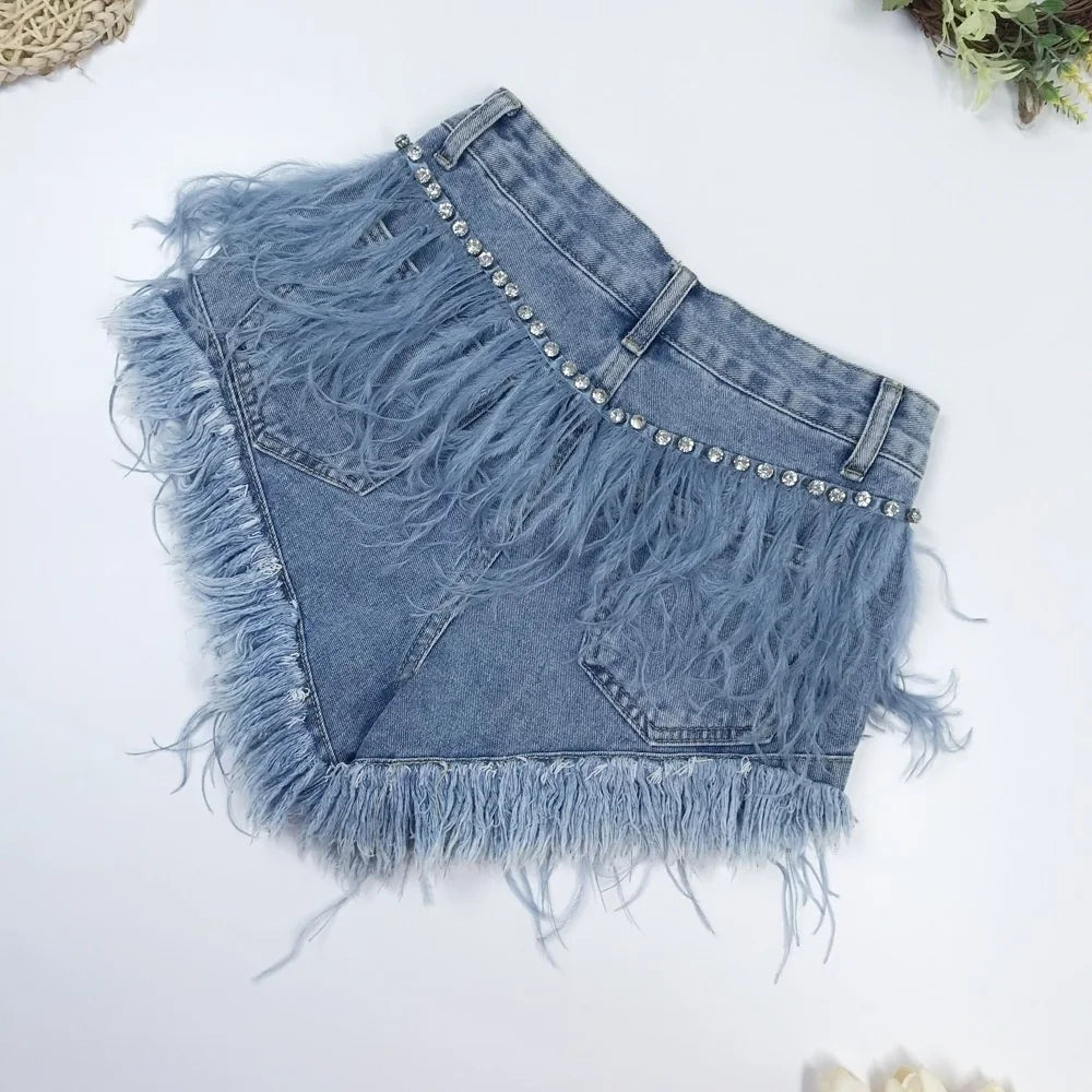 Rhinestone Beaded Exquisite Feather High Waist Denim for Women's Blue Jeans Shorts DS Nightclub Sexy Hot Pants Fashion
