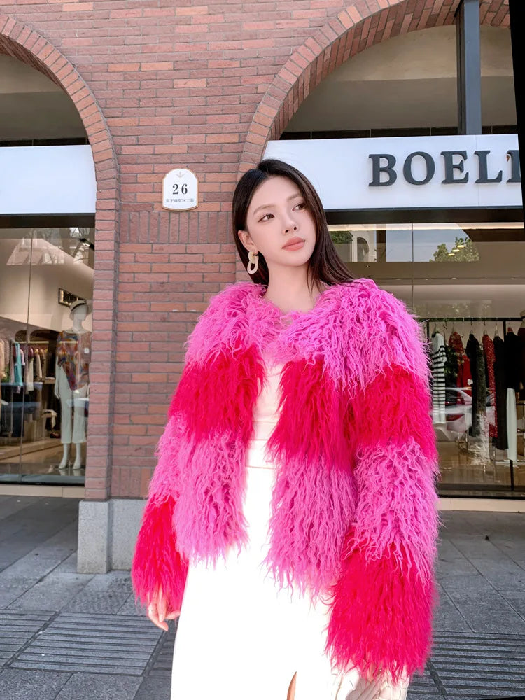 Faux Fur Coats Women Lamb Wool Short Coat Y2k Streetwear Thick Warm Y2k Streetwear Elegant Pink Jackets Open Stitch Jacket