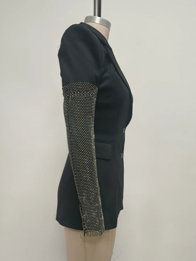 Sexy V Neck Long Sleeve Blazer With Rhinestone Sleeve Women Black Diamond Patchwork Slim Jacket Evening Party Club Cocktail Coat