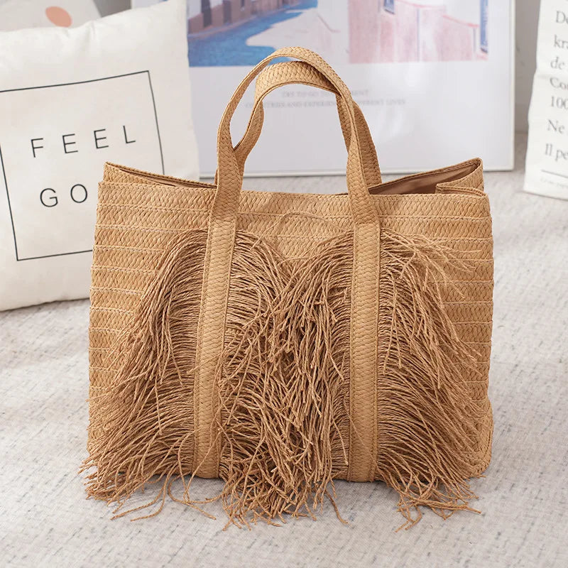 Large Capacity Straw Tote Bags for Women Designer Handbags Bohemian Tassel Beach Bag Handmade Woven Shoulder Bag Travel Shopper