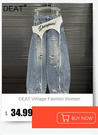 DEAT Fashion Women's 3D Chain Printed Contrast Color Jeans Niche Design High Waist Casual Denim Pants Female Trendy 11A04071