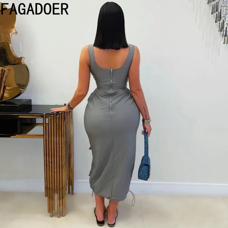 FAGADOER Elegant Cargo Pockets Patchwork Bodycon Long Dress for Woman Spaghetti Strap Backless Zip Dresses Casual Vestidos New