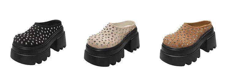10CM New Rivet Platform Women Slippers Fashion Chunky High Heeled Sandals Comfort Roma Style Round Toe Slide Mule Shoes Summer