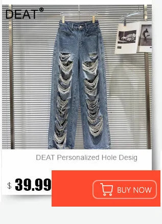 DEAT Fashion Women's 3D Chain Printed Contrast Color Jeans Niche Design High Waist Casual Denim Pants Female Trendy 11A04071