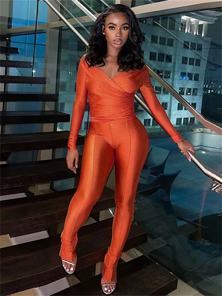 Simenual Casual Skinny Women Two Piece Set Sexy Deep V Crop Tops High Waist Pants Cyber Y2K Outfits Slim Co Ord Suits Streetwear