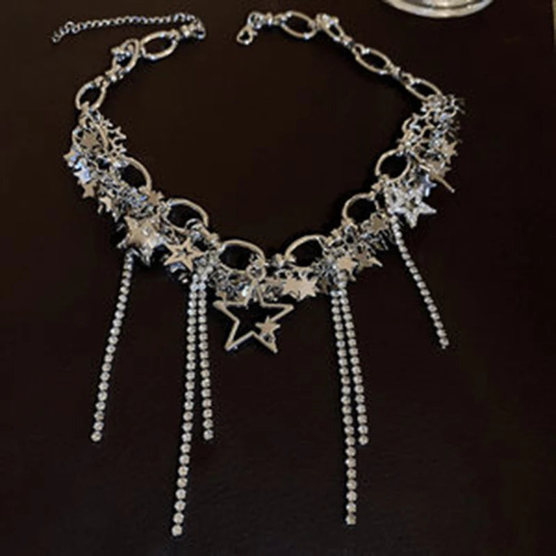Silver Color Hollow Star Choker Necklaces For Women Long Tassel Rhinestone Imitation Pearl Chain Necklaces Statements Jewelry