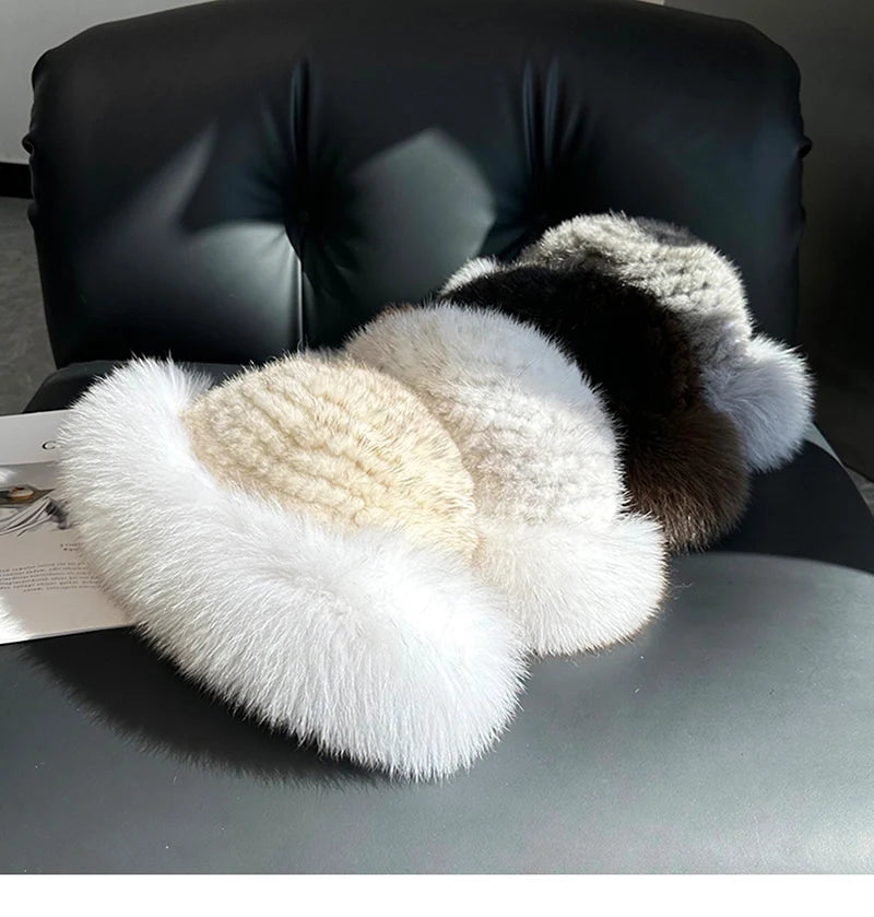 New Genuine Real Natural Knitted Mink Fur Hat Cap Luxury Women Handmade Knit Fashion Winter Headwear Warm Real Fox Fur Beanies