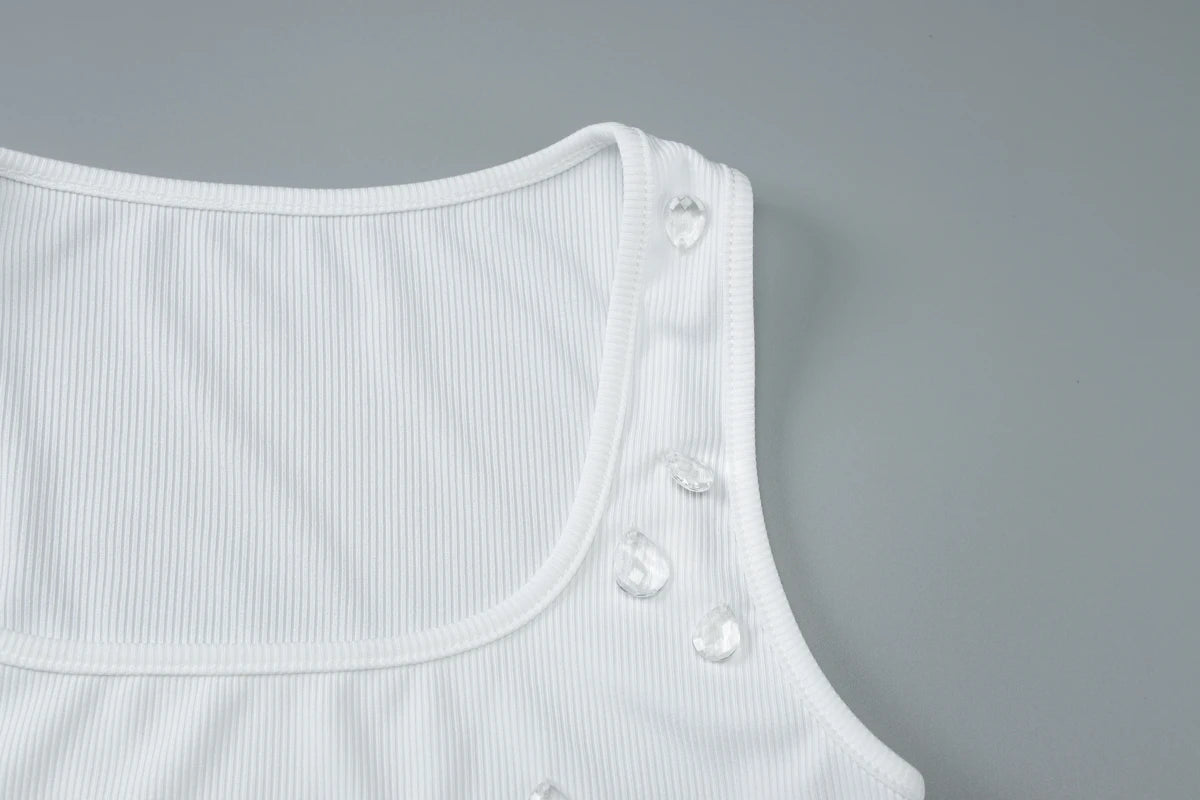 Dulzura Ribbed Sleeveless Water Droplets Diamond Decorated Tank Sexy Casual Bodycon Top Party Club Streetwear Spring Summer